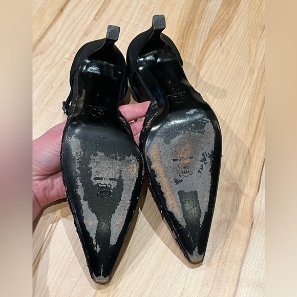 St. John Vintage 90s Black Lace / Leather Ankle Strap Evening Heels - Size 7 - Picture 13 of 13